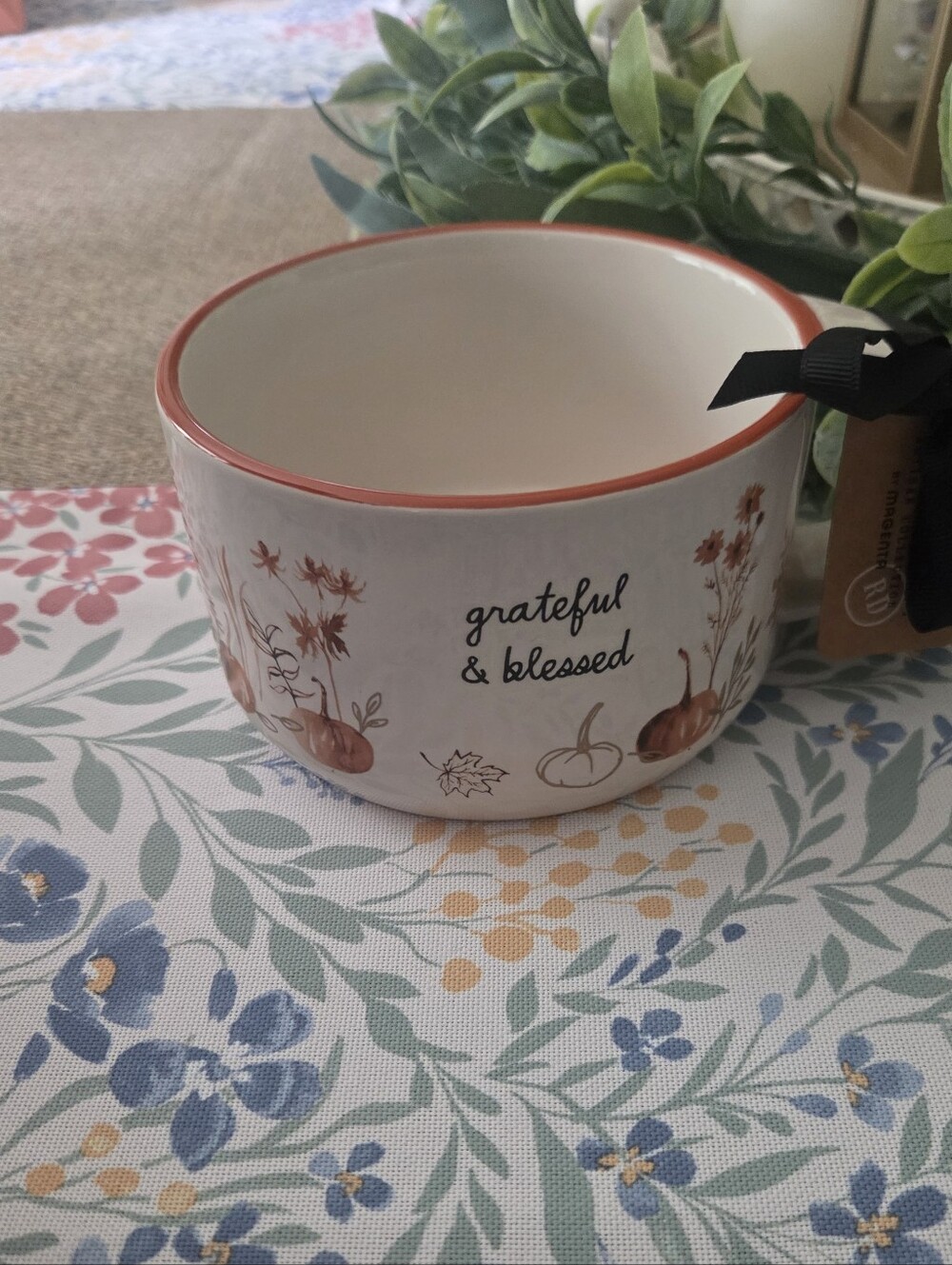 Grateful & Blessed Ceramic Bowl - White with Orange Accent